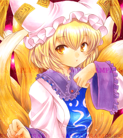 1girl, animal_ears, blonde_hair, charm_(object), fox_ears, fox_tail, multiple_tails, pemoko