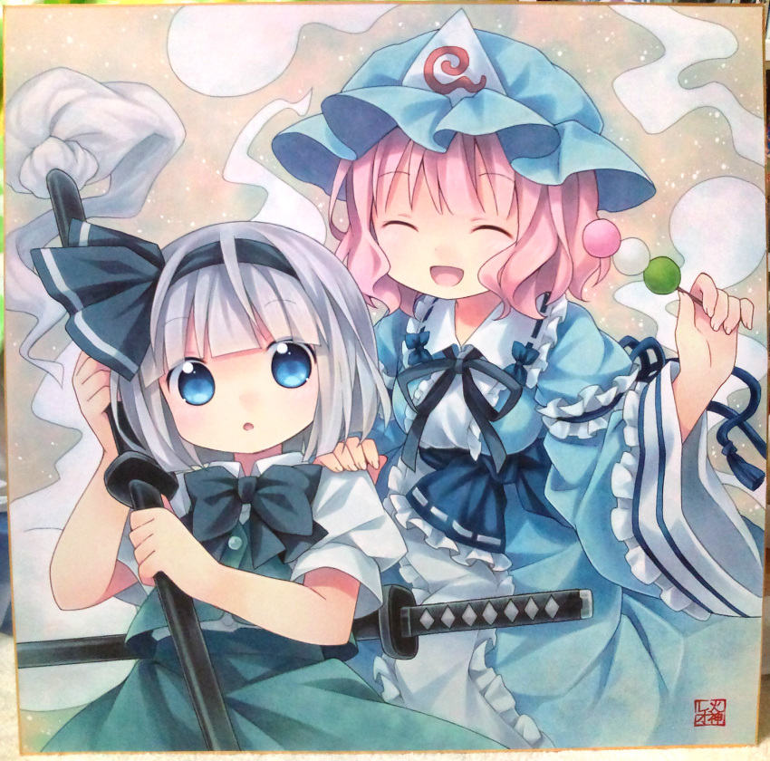 2girls, :o, blue_dress, blue_eyes, border, bow, breasts, closed_eyes