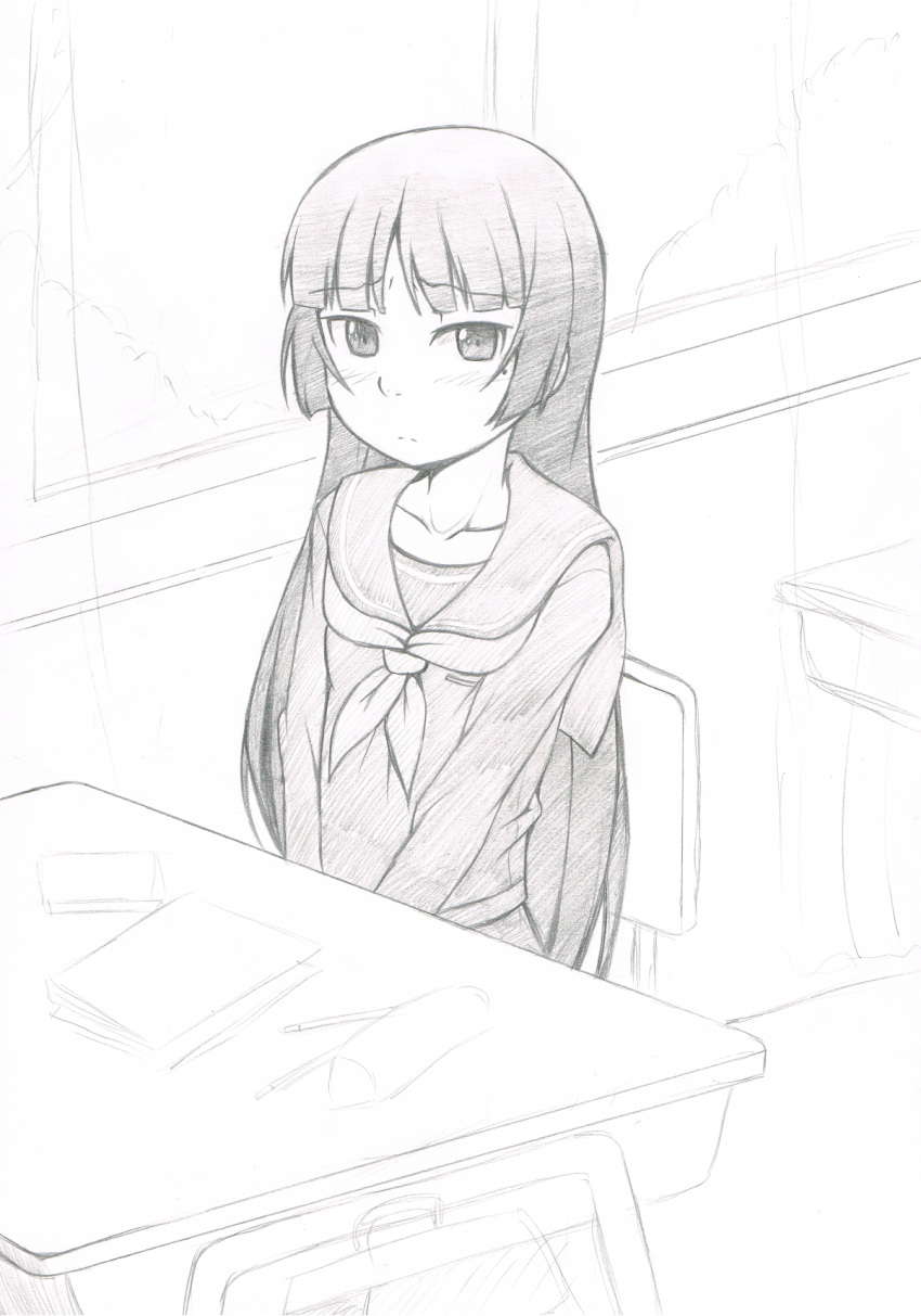 1girl, ghettoyouth, gokou_ruri, highres, long_hair, monochrome, ore_no_imouto_ga_konna_ni_kawaii_wake_ga_nai, school_uniform