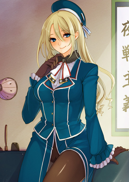 1girl, atago_(kantai_collection), blazer, blonde_hair, blue_eyes, blush, breasts, brown_gloves