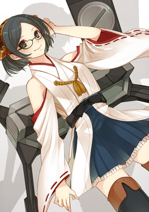 1girl, bare_shoulders, black_hair, black_legwear, blush, boots, breasts, cannon