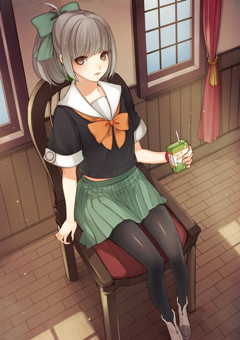 1girl, black_legwear, blush, bow, brown_eyes, chair, curtains, grey_hair