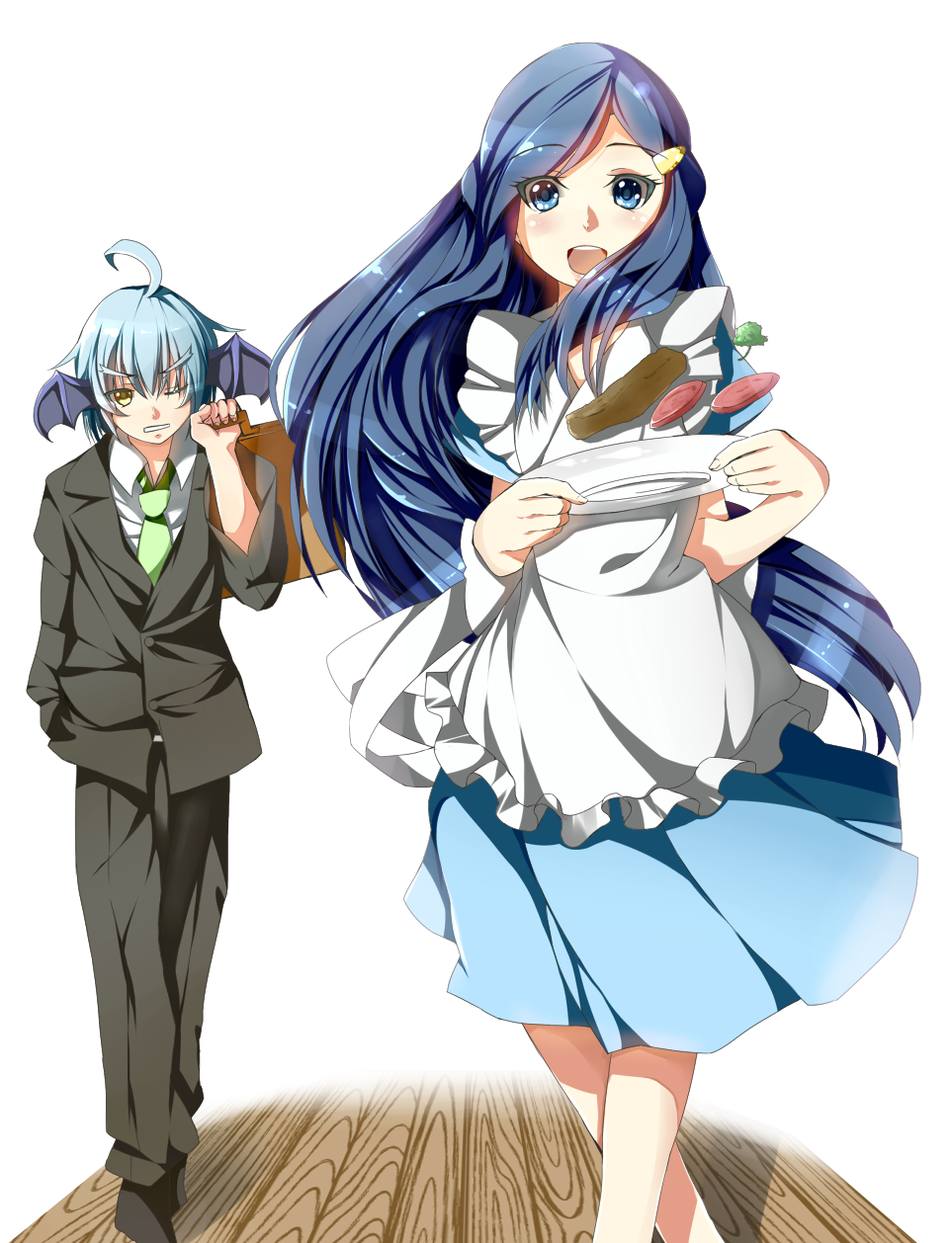 1boy, 1girl, apron, bag, blue_eyes, blue_hair, blush, case