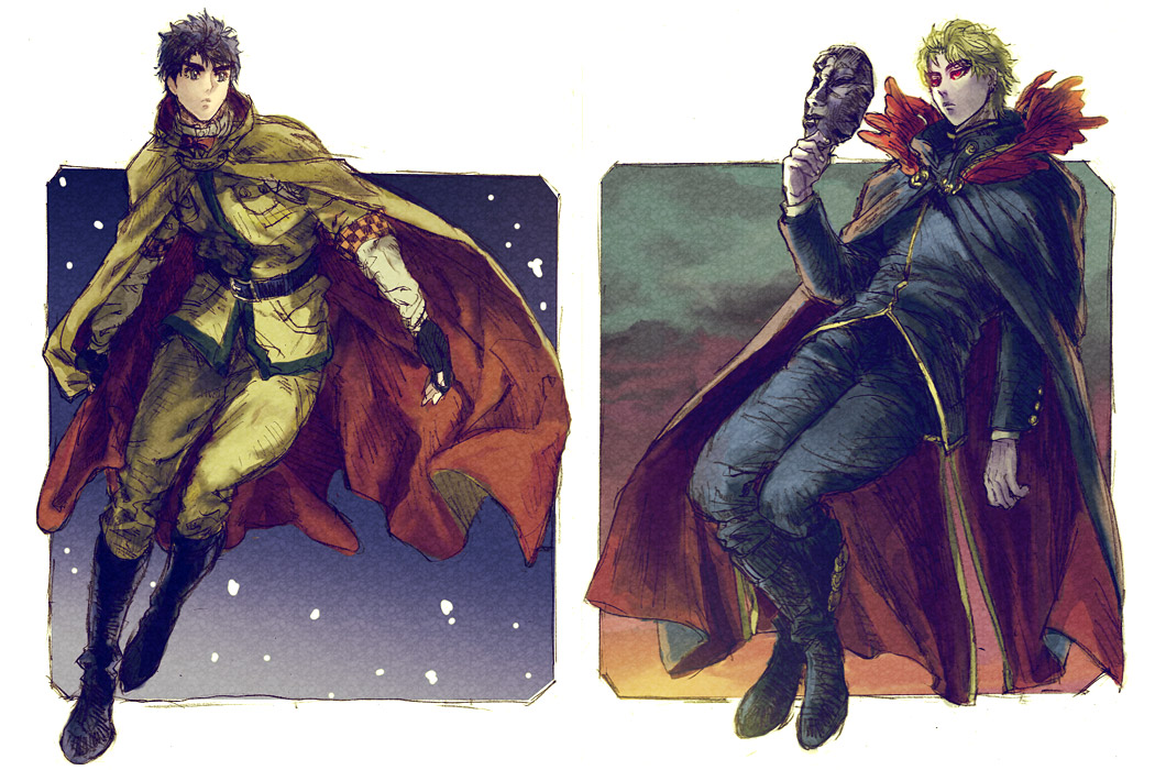 2boys, blonde_hair, blue_hair, cape, dio_brando, jojo_no_kimyou_na_bouken, jonathan_joestar, multiple_boys