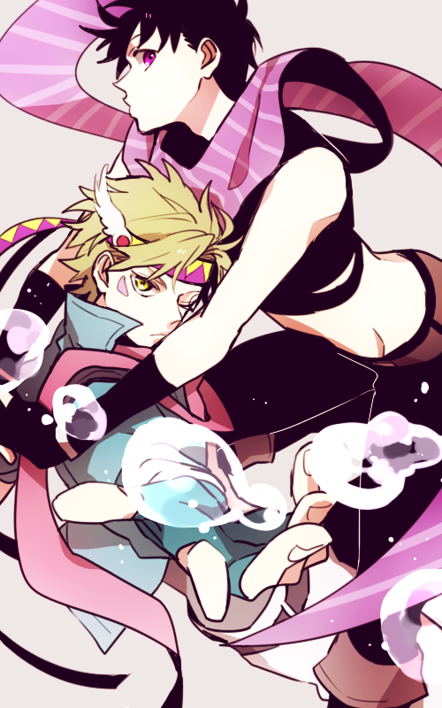 2boys, black_hair, blonde_hair, blue_jacket, bubble, caesar_anthonio_zeppeli, facial_mark, feathers