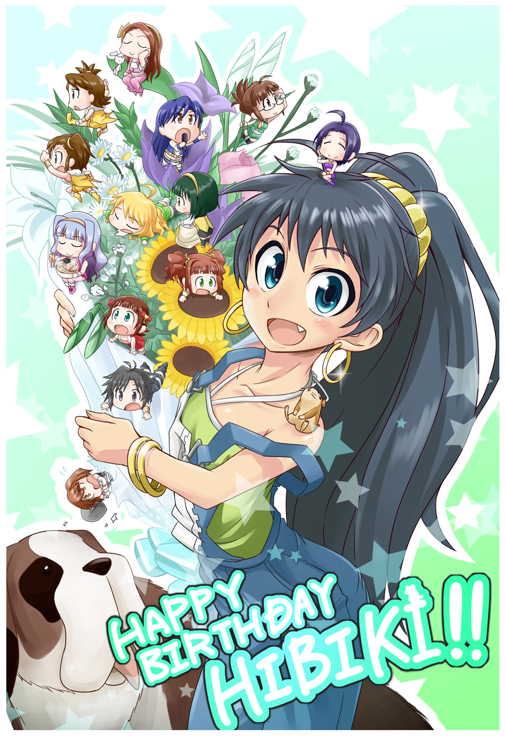 :>, ahoge, akizuki_ritsuko, amami_haruka, antenna_hair, aqua_eyes, bizen-co, black_hair, blanket, blonde_hair, blue_eyes, blue_hair, bouquet, bracelet, brown_eyes, brown_hair, chibi, chibi_on_head, chopsticks, closed_eyes, dog, drooling, earrings, fang, flower, food, futami_ami, futami_mami, ganaha_hibiki, glasses, green_eyes, green_hair, hagiwara_yukiho, hair_ornament, hair_ribbon, hairband, hamuzou, highres, hoop_earrings, hoshii_miki, idolmaster, jewelry, kikuchi_makoto, kisaragi_chihaya, looking_at_viewer, microphone, minase_iori, miura_azusa, noodles, open_mouth, otonashi_kotori, ponytail, purple_hair, ramen, ribbon, shijou_takane, shovel, siblings, silver_hair, singing, sisters, sleeping, smile, star, stuffed_animal, stuffed_bunny, stuffed_toy, takatsuki_yayoi, thigh-highs, twins, twintails, worktool