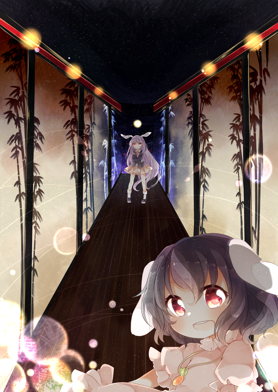 2girls, animal_ears, arm_holding, black_hair, carrot, dress, full_moon, hallway