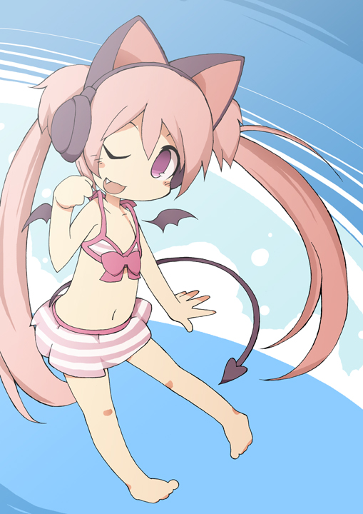 1girl, animal_ears, bemani, blush, fang, headphones, looking_at_viewer, midriff