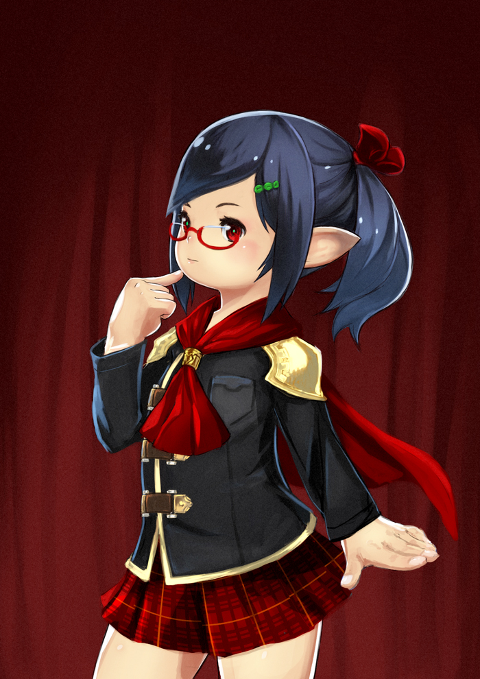 1girl, black_hair, blush, cape, final_fantasy, final_fantasy_type-0, final_fantasy_xiv, glasses, hair_ornament, hair_ribbon, hairclip, lalafell, long_sleeves, looking_at_viewer, muuten, plaid, plaid_skirt, pointy_ears, ponytail, red-framed_glasses, red_eyes, ribbon, school_uniform, semi-rimless_glasses, short_hair, skirt, smile, solo