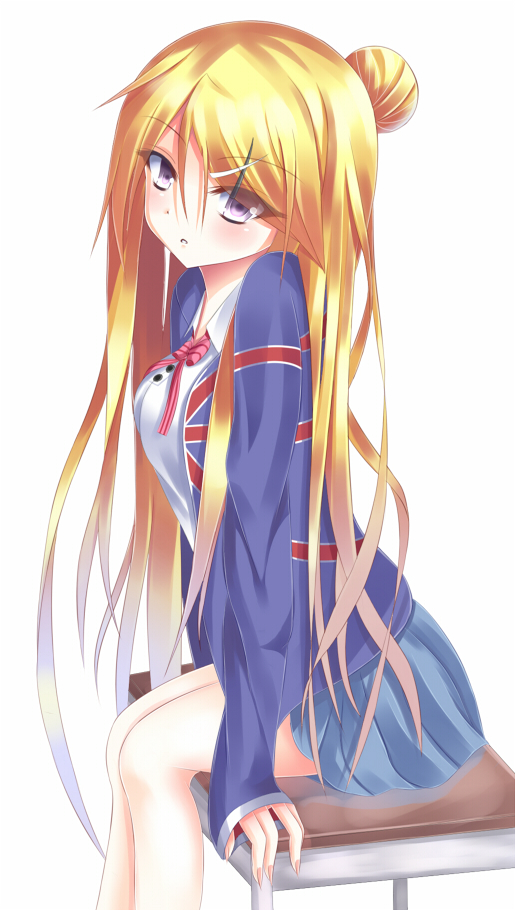 1girl, arm_support, blonde_hair, hair_bun, hair_ornament, hairclip, kin'iro_mosaic, kiseno