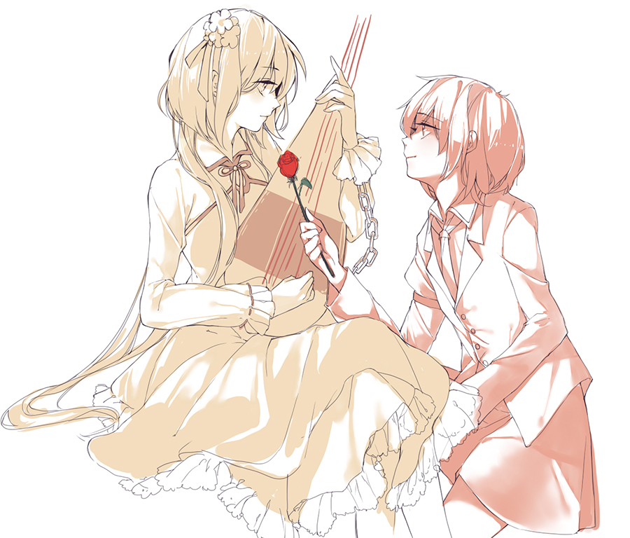 2girls, biwa_lute, blush, chain, couple, dress, flower, frills