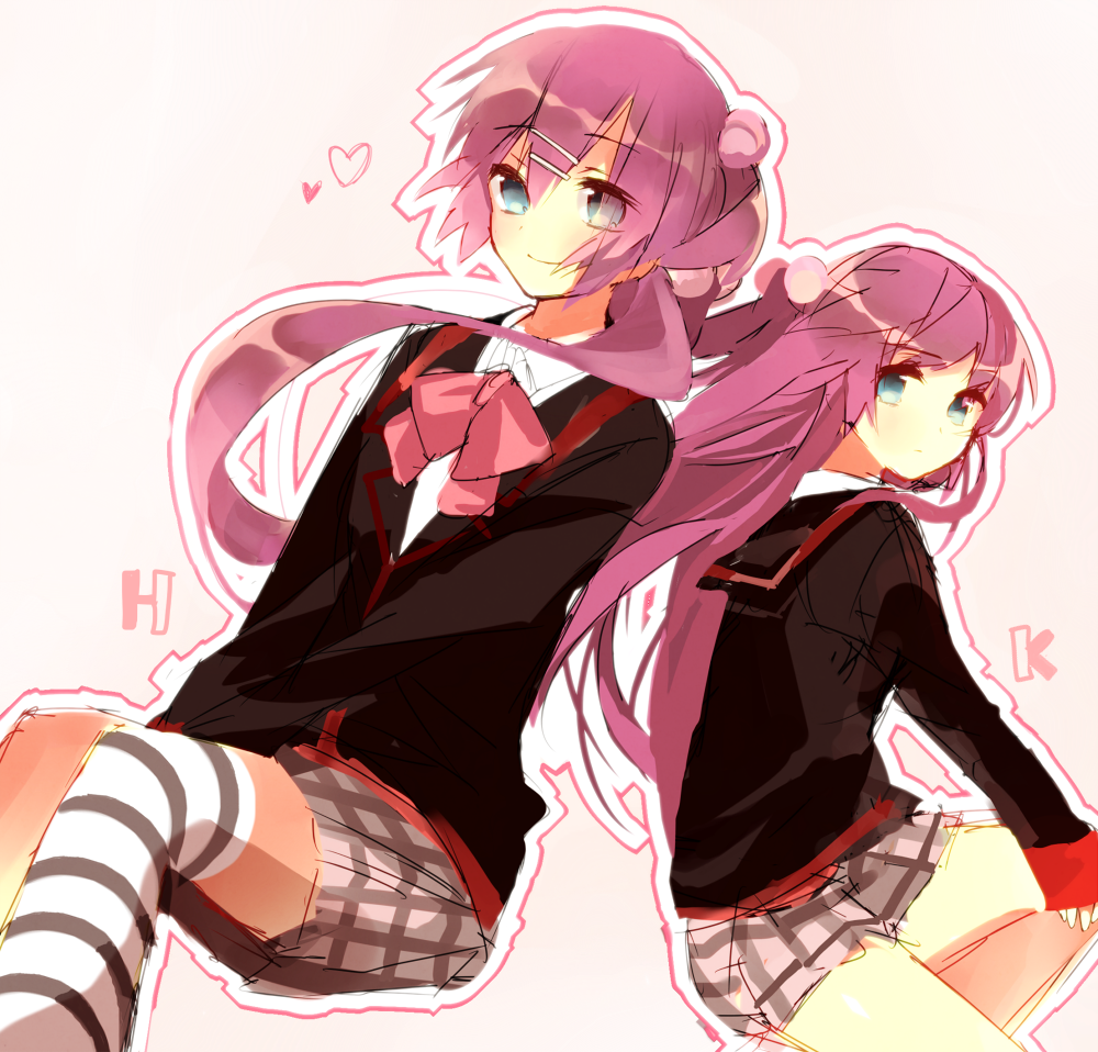 2girls, back-to-back, blue_eyes, futaki_kanata, hair_bobbles, hair_ornament, little_busters!!, long_hair