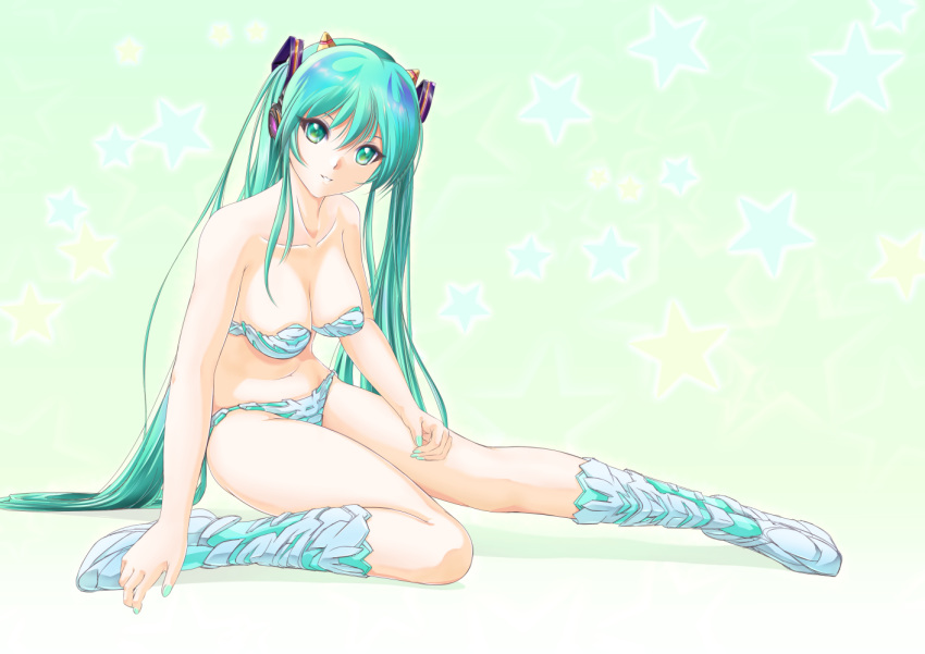 1girl, aqua_eyes, aqua_hair, boots, bra, hatsune_miku, headphones, knee_boots