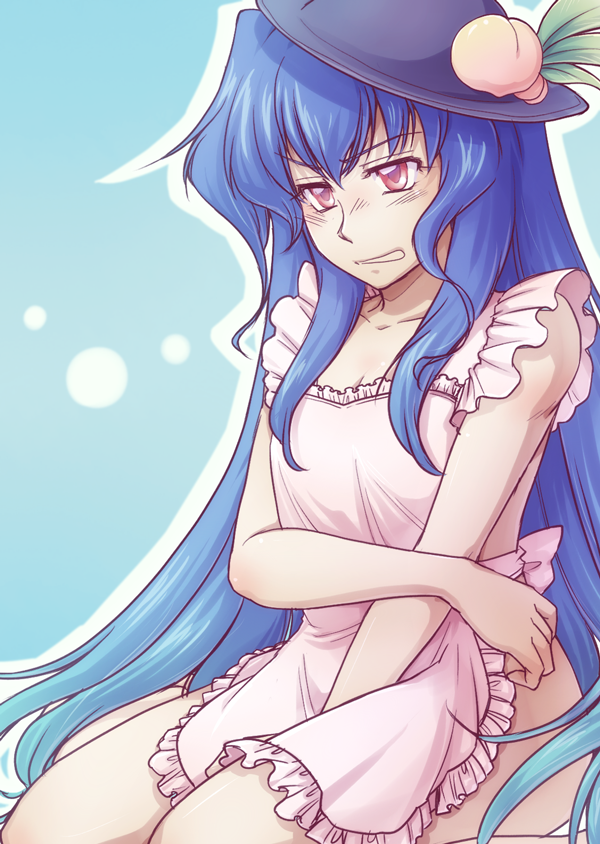 1girl, apron, blue_hair, embarrassed, food, fruit, gradient_hair, hat