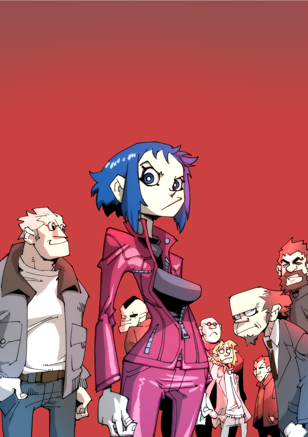 1girl, aramaki_daisuke, batou, beard, belt, black_hair, blue_eyes, bold