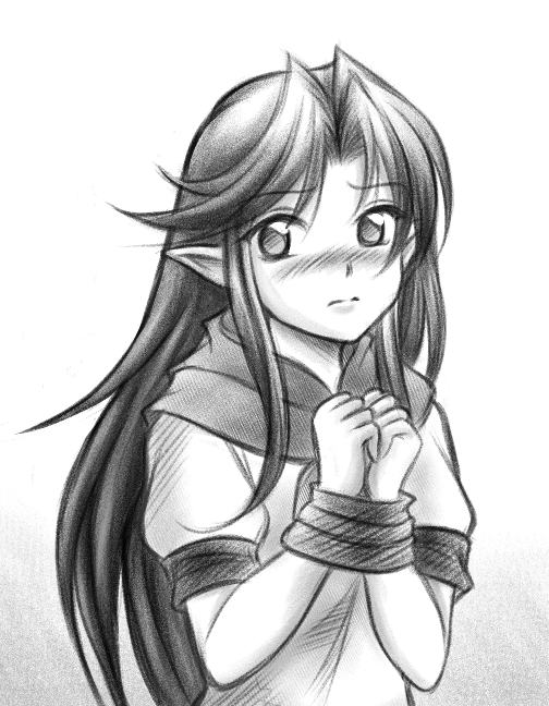 1girl, blush, bound_wrists, hylian, long_hair, malon, monochrome, neckerchief
