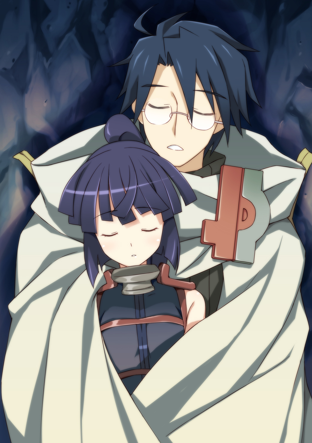 1boy, 1girl, akatsuki_(log_horizon), blue_hair, cape, closed_eyes, glasses, highres