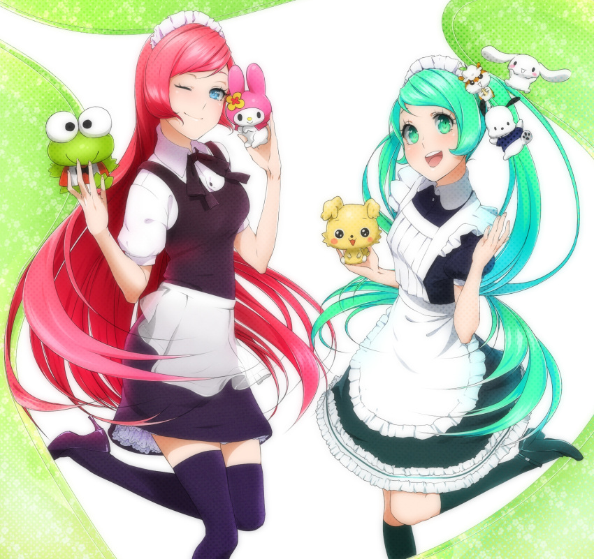 2girls, aconitea, aqua_eyes, aqua_hair, blue_eyes, cinnamoroll, hatsune_miku, highres