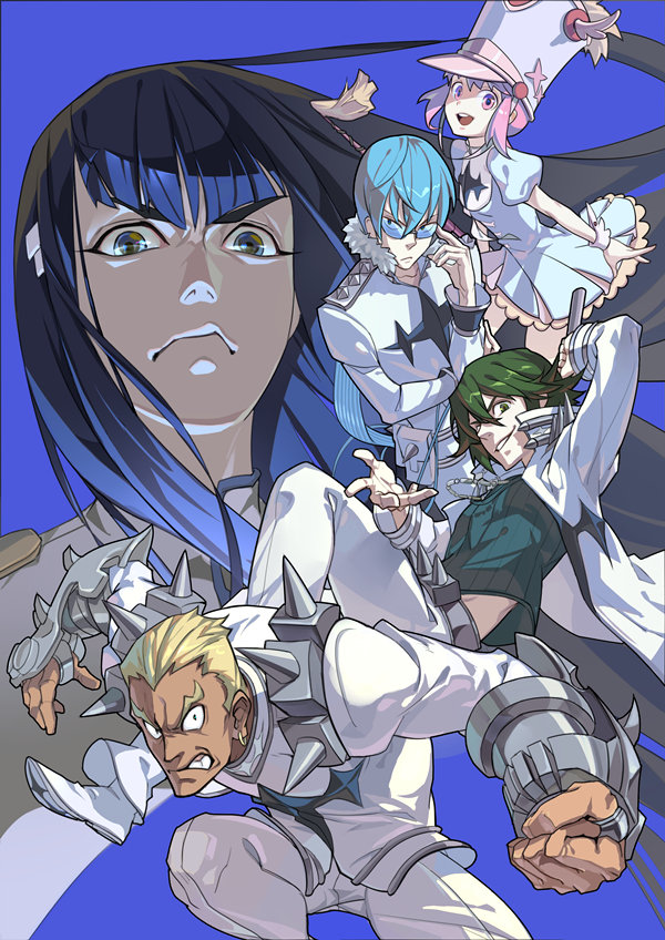 2girls, 3boys, angry, black_hair, blonde_hair, blue_hair, gamagouri_ira, glasses