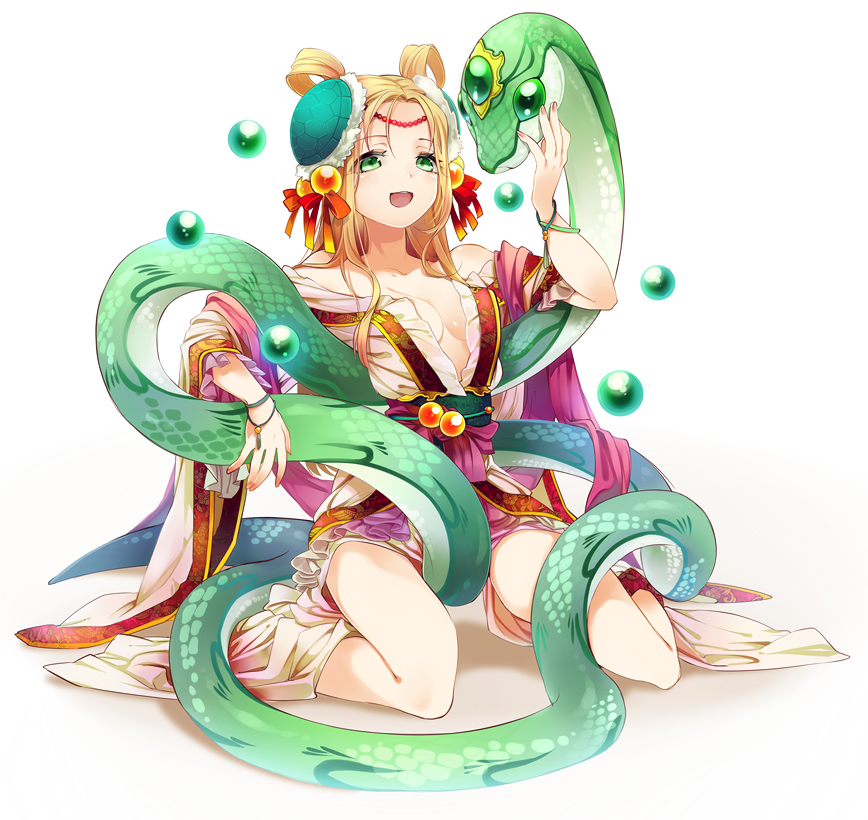 blonde_hair, china_dress, chinese_clothes, green_eyes, meimei_(p&amp;d), open_mouth, puzzle_&amp;_dragons, snake
