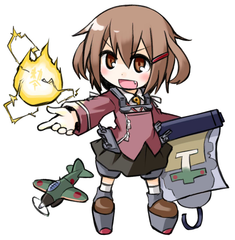 1girl, airplane, alternate_costume, brown_eyes, brown_hair, chibi, fang, hair_ornament, hairclip, ikazuchi_(kantai_collection), kantai_collection, kugelschreiber, machinery, magic, open_mouth, personification, platform_footwear, ryuujou_(kantai_collection), ryuujou_(kantai_collection)_(cosplay), scroll, solo