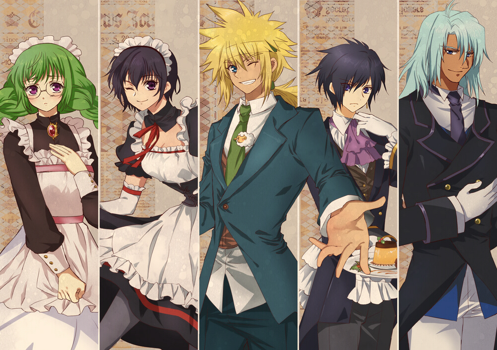2girls, 3boys, alternate_costume, apron, black_hair, blonde_hair, blue_hair, brooch