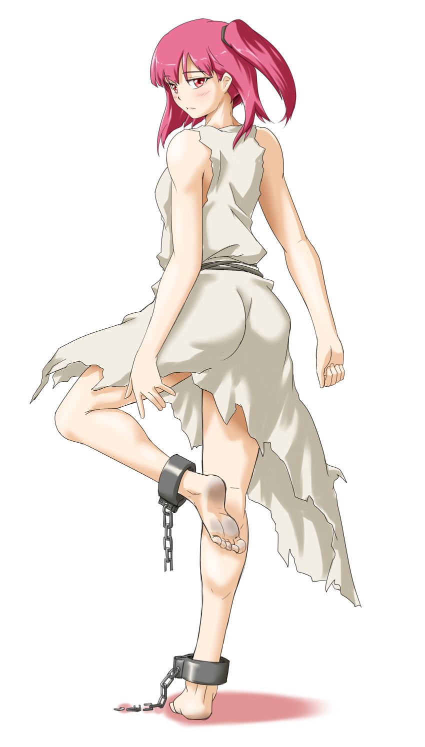 1girl, absurdres, ankle_cuffs, ass, bare_legs, barefoot, blush, chain, dirty_feet, dress, feet, highres, legs, looking_at_viewer, looking_back, magi_the_labyrinth_of_magic, morgiana, rabinidaddo, red_eyes, redhead, shackle, soles, toes, torn_clothes