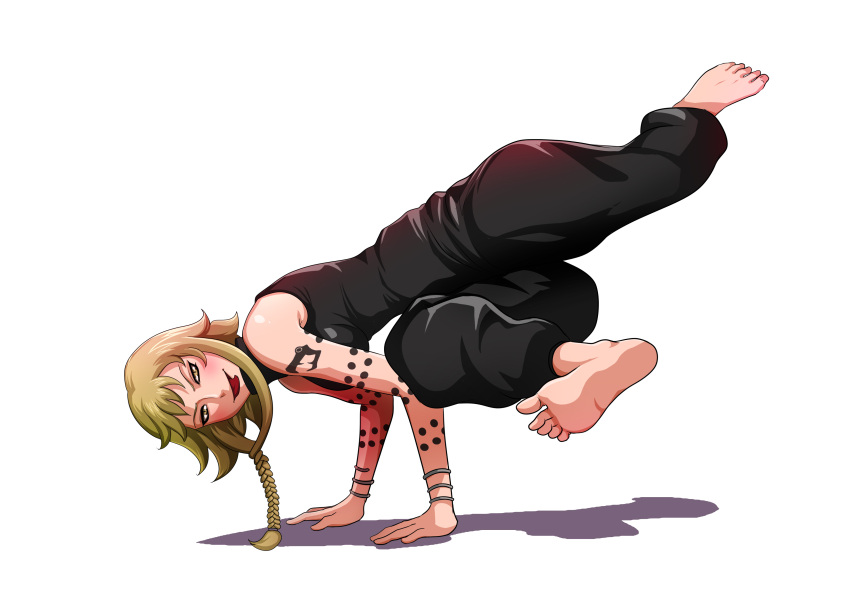 1girl, absurdres, blonde_hair, blush, bodysuit, bracelet, braid, capoeira