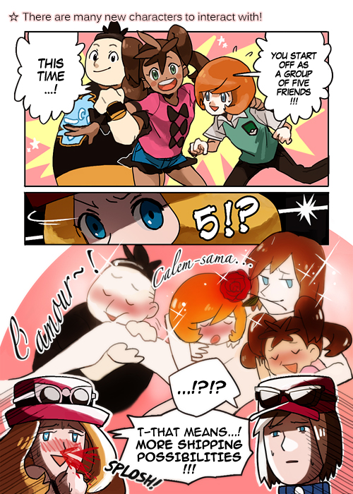2girls, 3boys, blood, calme_(pokemon), comic, hat, mangoshake, multiple_boys, multiple_girls, nosebleed, pokemon, pokemon_(game), pokemon_xy, sana_(pokemon), serena_(pokemon), sunglasses, sunglasses_on_head, tierno_(pokemon), toroba_(pokemon)