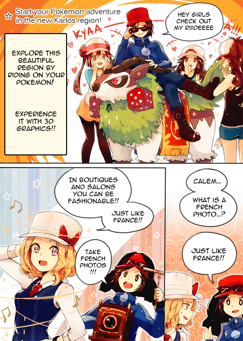 1boy, 4girls, blonde_hair, blue_(pokemon), calme_(pokemon), camera, comic, gogoat