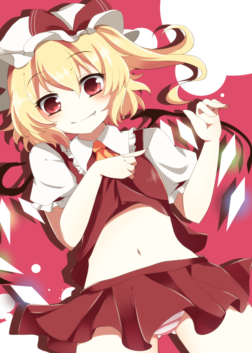 1girl, absurdres, ascot, blonde_hair, colored, fang, flandre_scarlet, hat