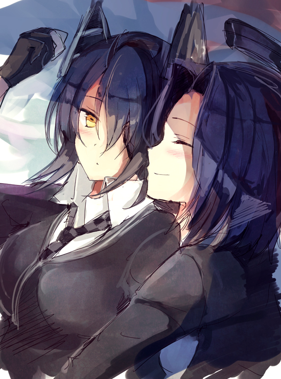 2girls, closed_eyes, eyepatch, fingerless_gloves, gloves, headgear, kantai_collection, lying