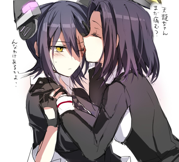 2girls, blue_hair, blush, closed_eyes, eyepatch, eyepatch_removed, fingerless_gloves, gloves