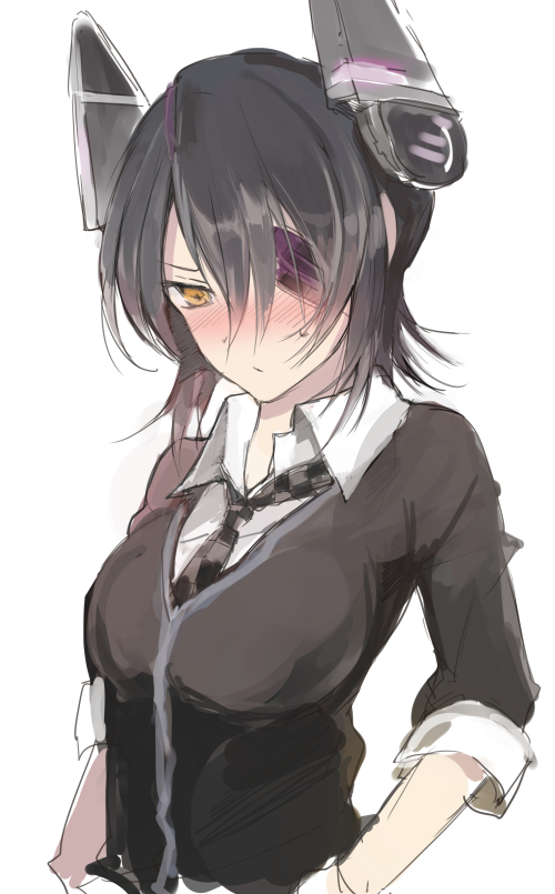 1girl, black_hair, blush, eyepatch, headgear, kantai_collection, looking_down, nazuka_(mikkamisaki)