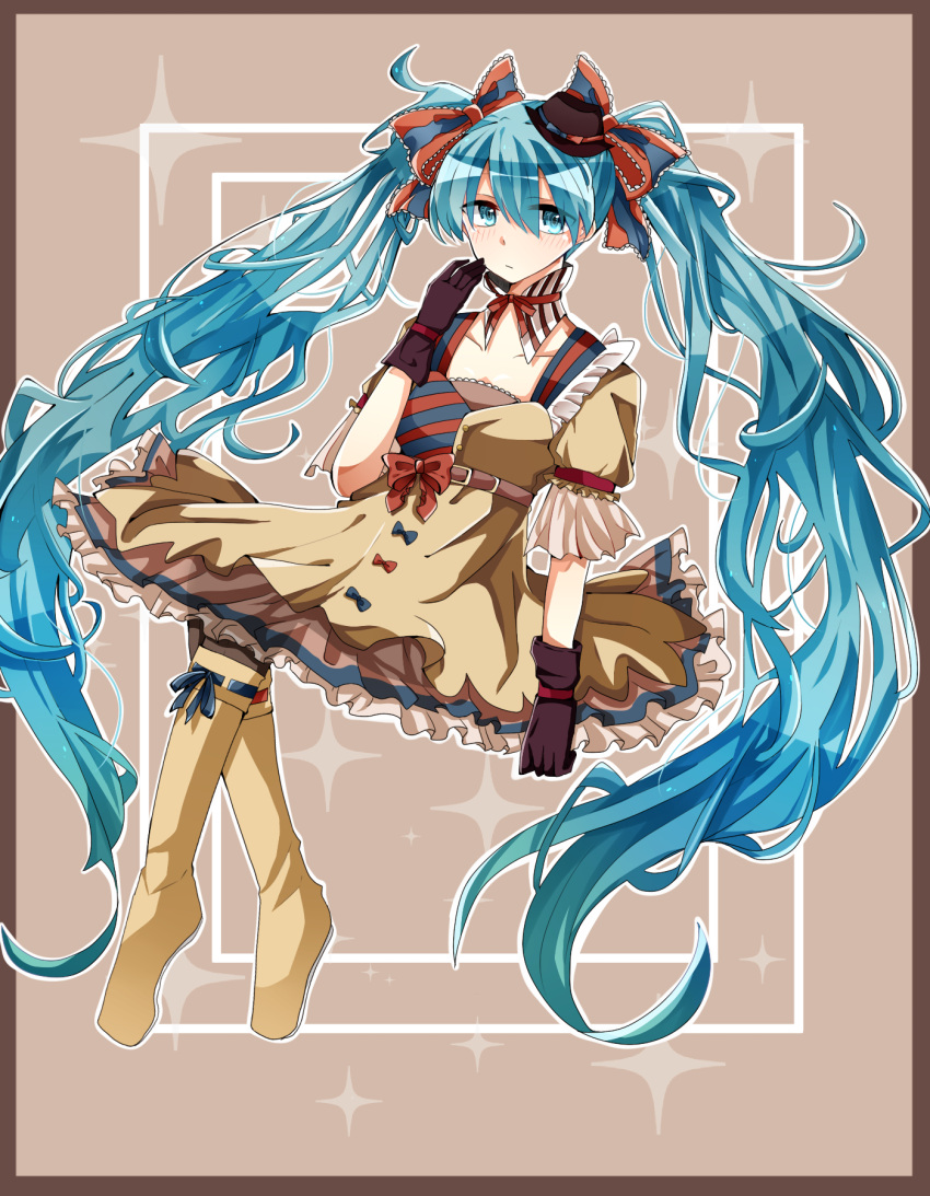1girl, aqua_eyes, aqua_hair, belt, boots, bow, bowtie, dress