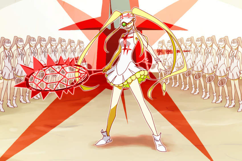 ball, blonde_hair, kill_la_kill, long_hair, multiple_girls, omiko_hakodate, ponytail, racket