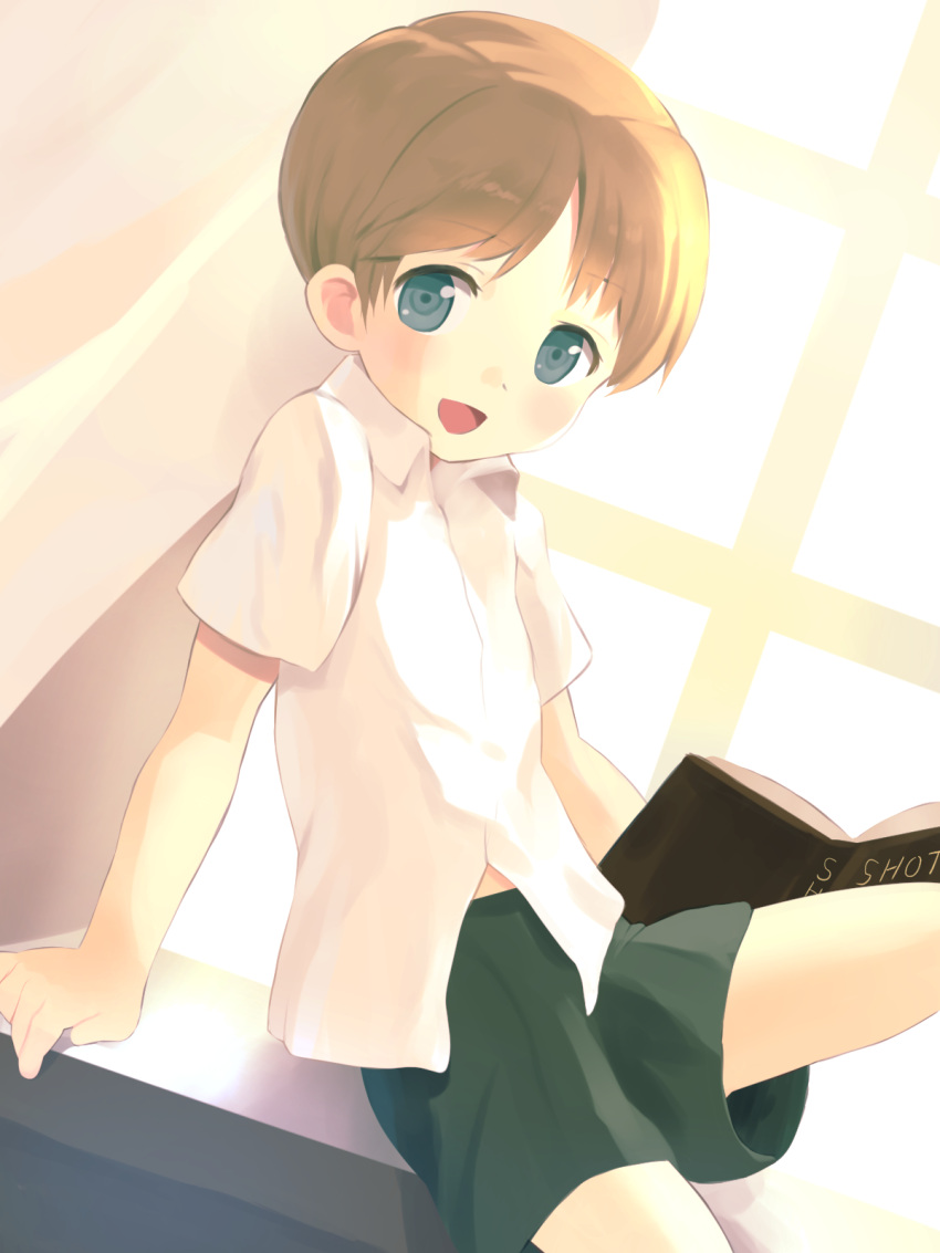 1boy, book, brown_hair, dutch_angle, highres, looking_at_viewer, male, open_mouth