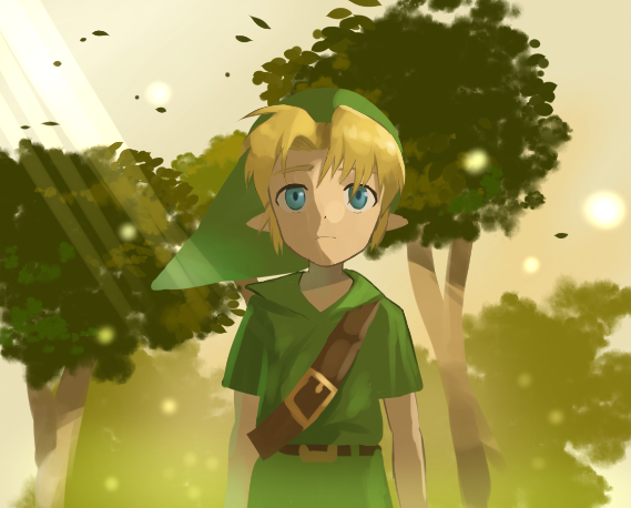 1boy, blonde_hair, blue_eyes, hat, leaf, link, male, pointy_ears