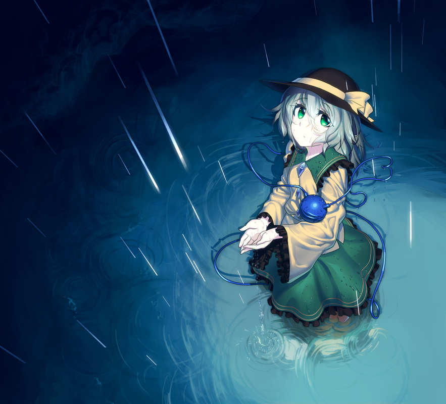 1girl, cupping_hands, dress, feet_in_water, green_eyes, green_hair, hat, komeiji_koishi