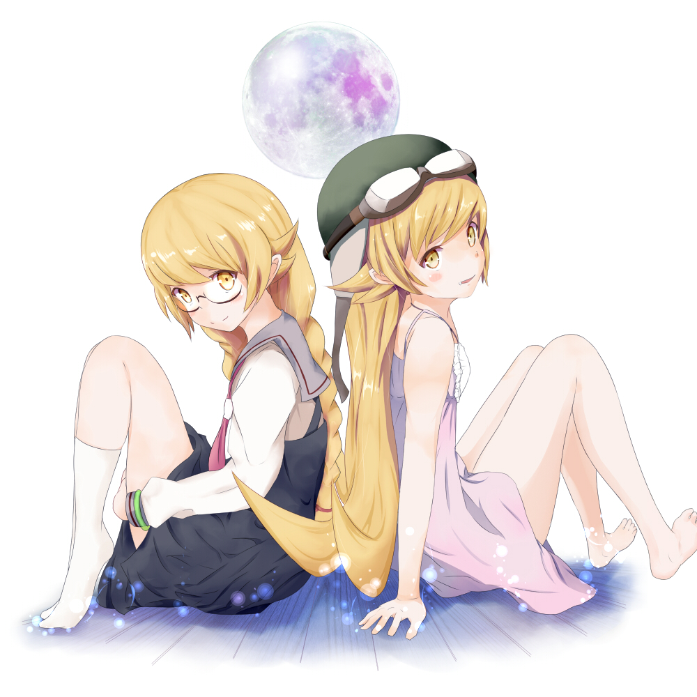 1girl, back-to-back, bare_shoulders, barefoot, bespectacled, blonde_hair, blush, blush_stickers, bracelet, dress, dual_persona, fang, glasses, goggles, helmet, jewelry, long_hair, monogatari_(series), moon, oshino_shinobu, peanuts_(ennuim), school_uniform, smile, yellow_eyes