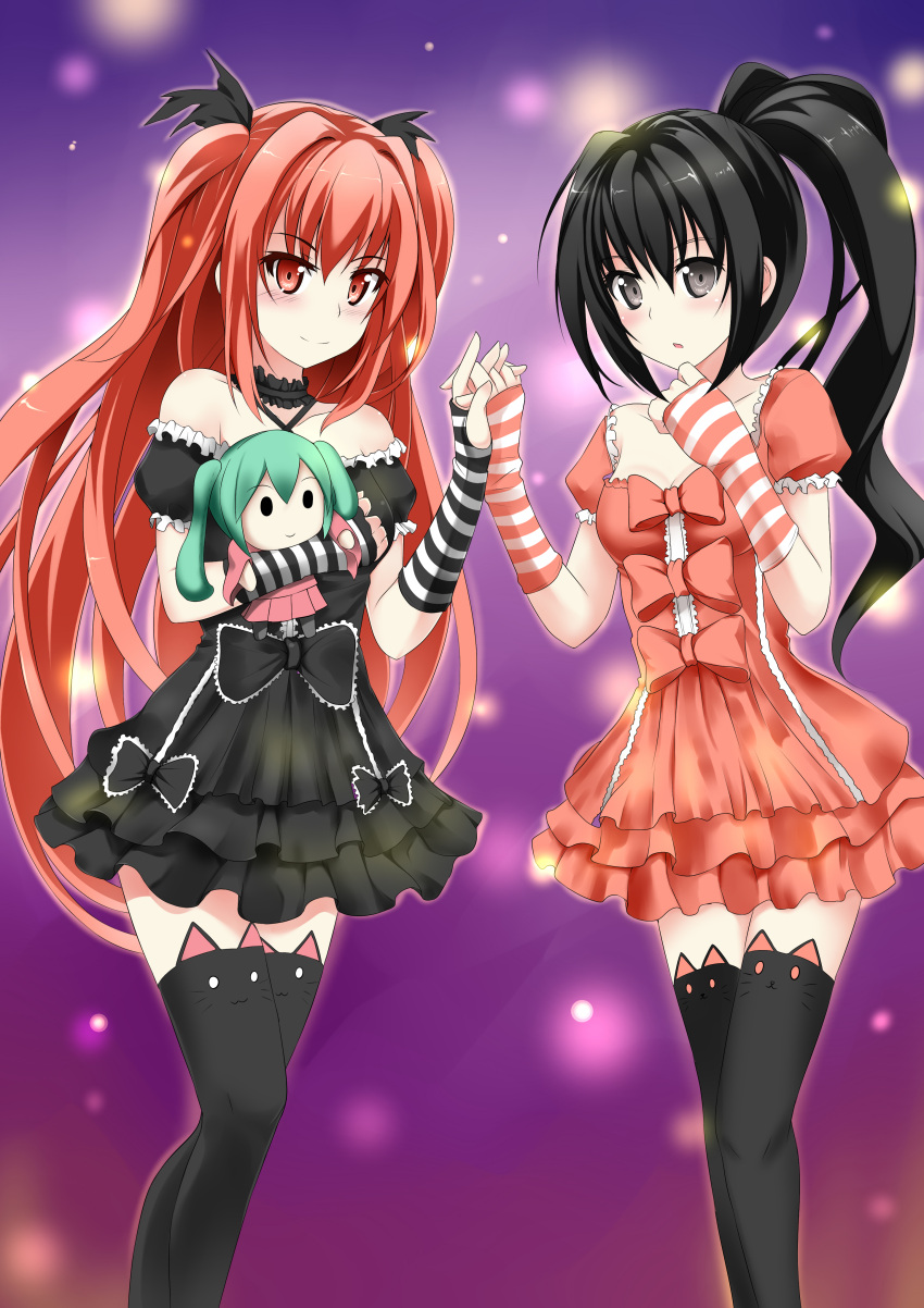 2girls, absurdres, alternate_hairstyle, black_dress, black_hair, black_legwear, blush, bow, breasts, cat_print, catstudioinc_(punepuni), character_doll, cleavage, collarbone, dress, gauntlets, gothic_lolita, grey_eyes, hatsune_miku, highres, holding_hands, interlocked_fingers, kuro_(miku_plus), lights, lolita_fashion, long_hair, multiple_girls, off_shoulder, original, ponytail, puffy_sleeves, puni_(miku_plus), purple_background, red_dress, red_eyes, redhead, ribbon_choker, short_sleeves, smile, thighhighs, two_side_up, very_long_hair, vocaloid, zettai_ryouiki