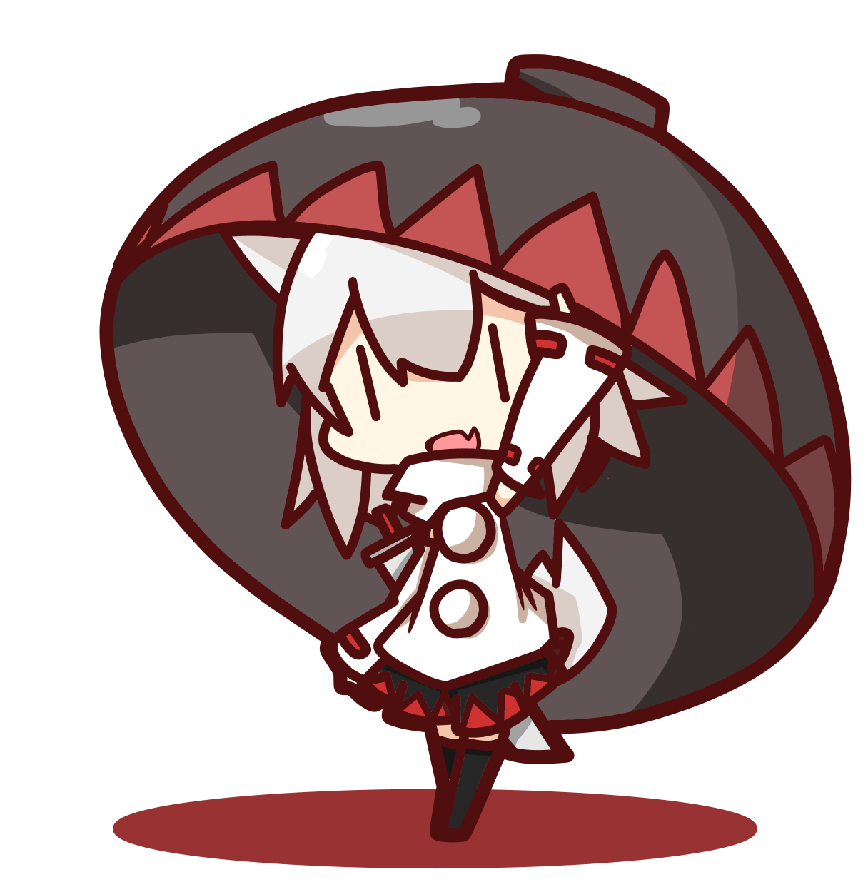 1girl, animal_ears, bowl, chibi, fang, hat, highres, inubashiri_momiji