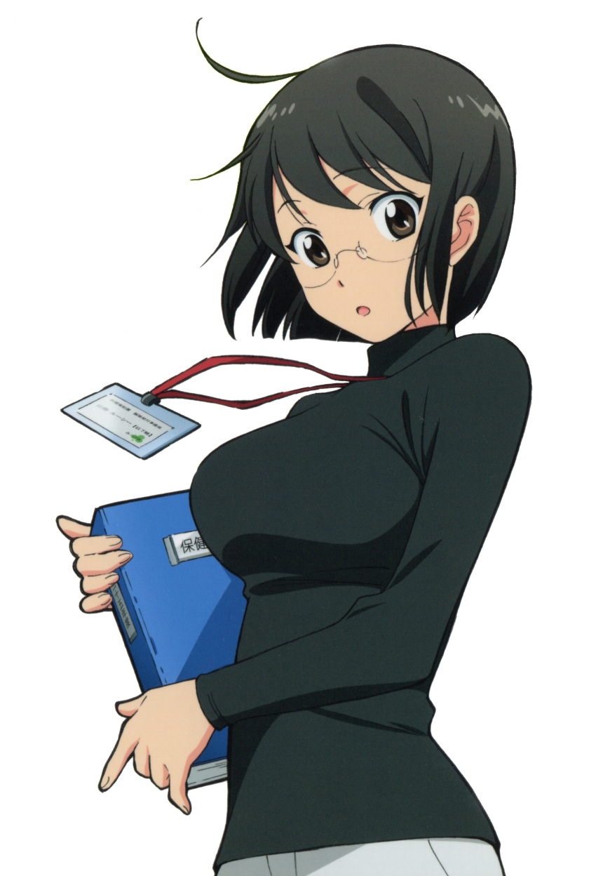 1girl, absurdres, black_hair, blush, book, breasts, brown_eyes, glasses