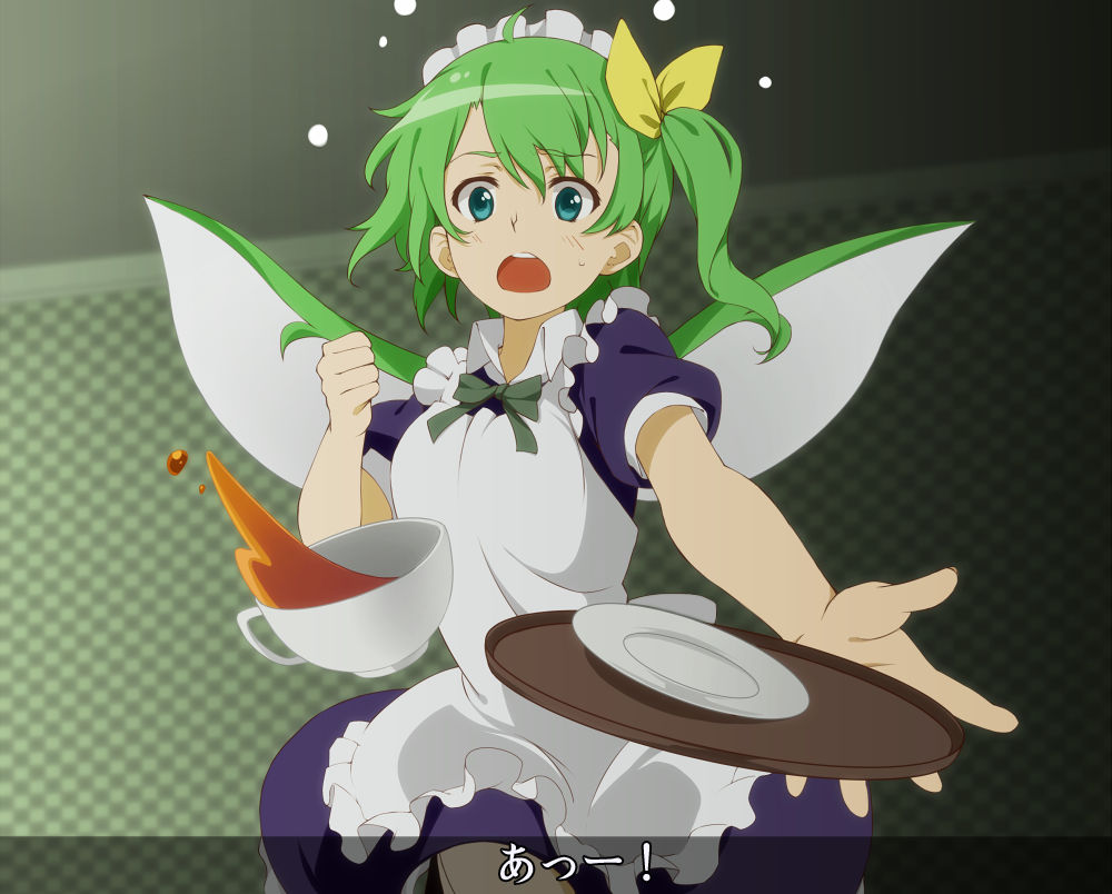 1girl, alternate_costume, cup, daiyousei, dress, enmaided, green_eyes, green_hair