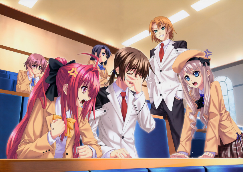 2boys, 4girls, absurdres, ahoge, angry, blue_eyes, blue_hair, brown_hair