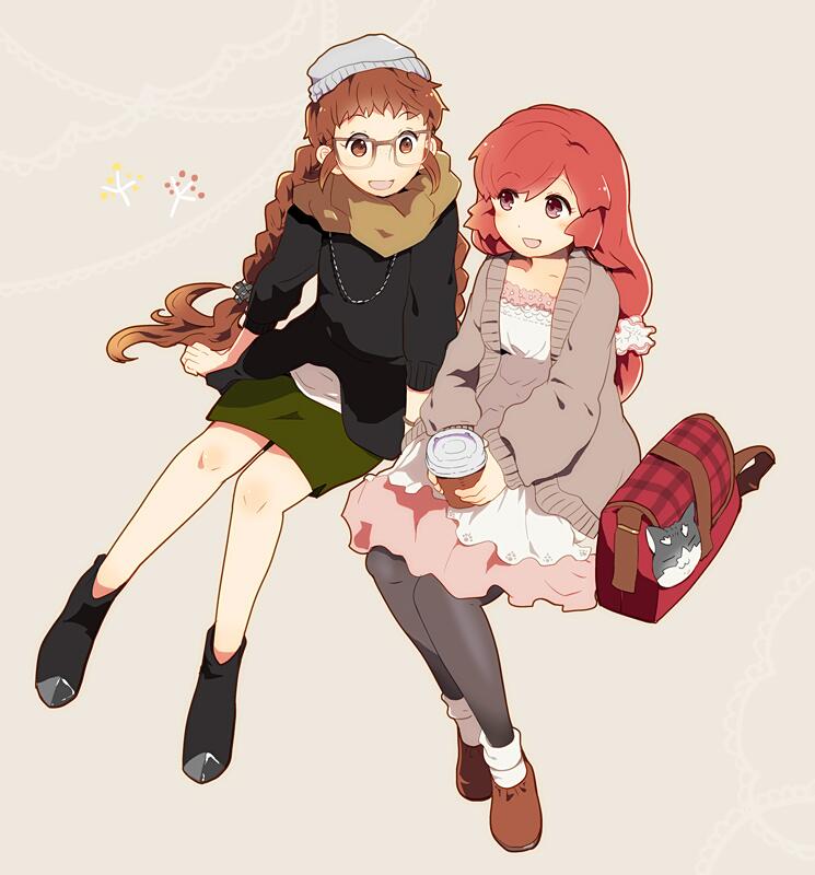 2girls, bag, braid, brown_eyes, brown_hair, isuzu_(log_horizon), kusa_chuu, log_horizon, long_hair, multiple_girls, nyanta_(log_horizon), pantyhose, redhead, selara, violet_eyes