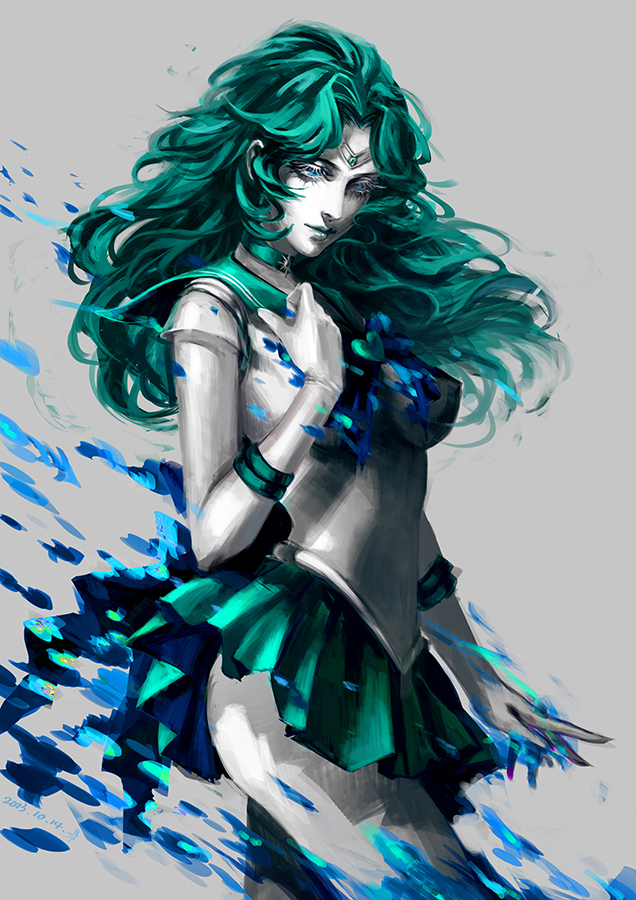 bishoujo_senshi_sailor_moon, blue_eyes, choker, gloves, green_hair, long_hair, magical_girl, monochrome