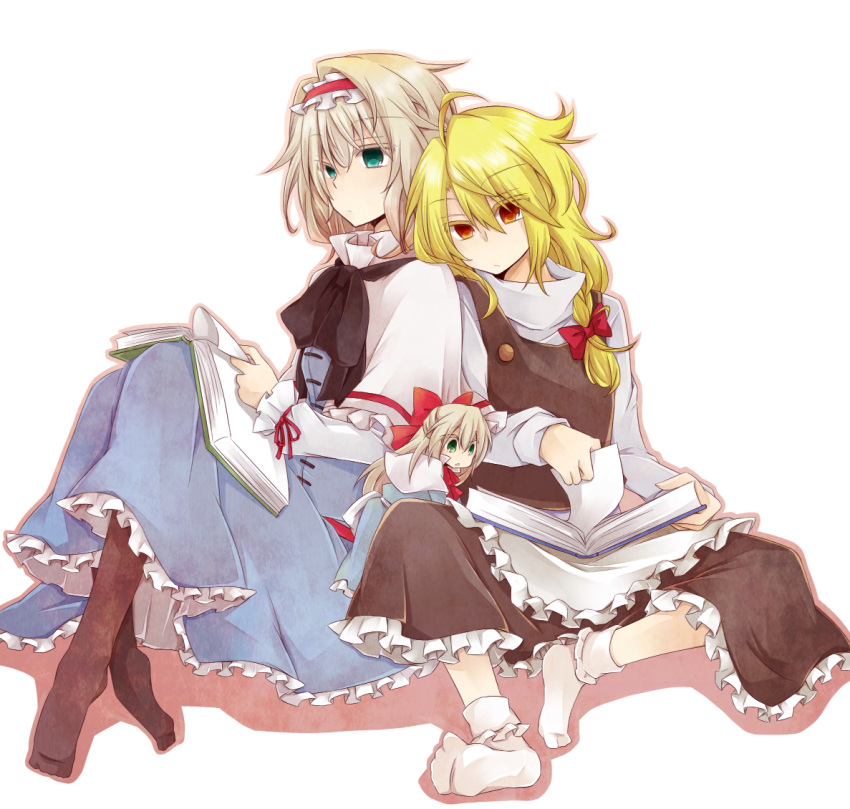 2girls, alice_margatroid, alternate_eye_color, apron, black_dress, blue_dress, book, bow