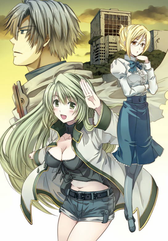 1boy, 2girls, blonde_hair, cape, coat, glasses, green_hair, henrietta_(log_horizon)