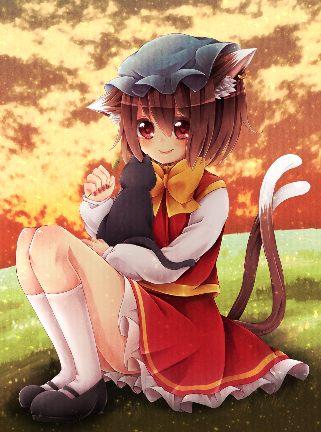 1girl, animal_ears, blush, bow, brown_hair, cat, cat_ears, cat_tail, chen, clouds, cloudy_sky, earrings, evening, frills, grass, hat, heart, heart-shaped_pupils, highres, jewelry, long_sleeves, looking_at_viewer, mary_janes, mitoki_6x6, multiple_tails, nail_polish, red_eyes, shoes, short_hair, sitting, skirt, sky, smile, socks, solo, sparkle, symbol-shaped_pupils, tail, touhou, white_legwear